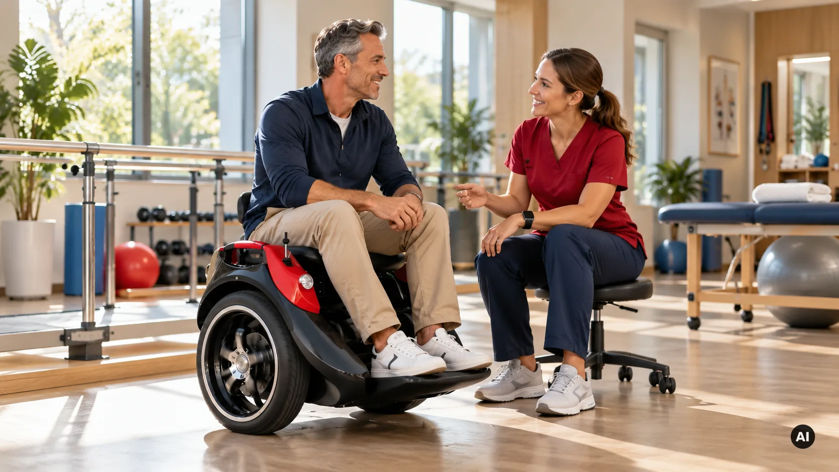 Therapeutin im Gespräch mit einem Nutzer neben einem selbstbalancierenden Balance-Rollstuhl