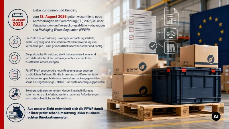 Anpassung unserer Versandkosten aufgrund der neuen EU-Verpackungsverordnung (PPWR) - Versandkosten-Anpassung wegen EU-PPWR | PT Pro®