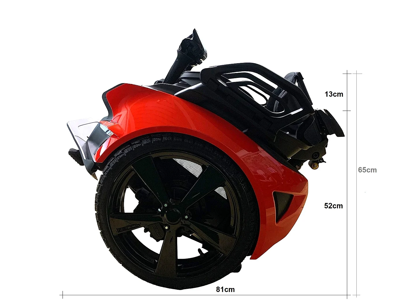 Genny Zero nach hinten gekippt mit Maßangaben 52 cm, 65 cm und maximal 76 cm Höhe