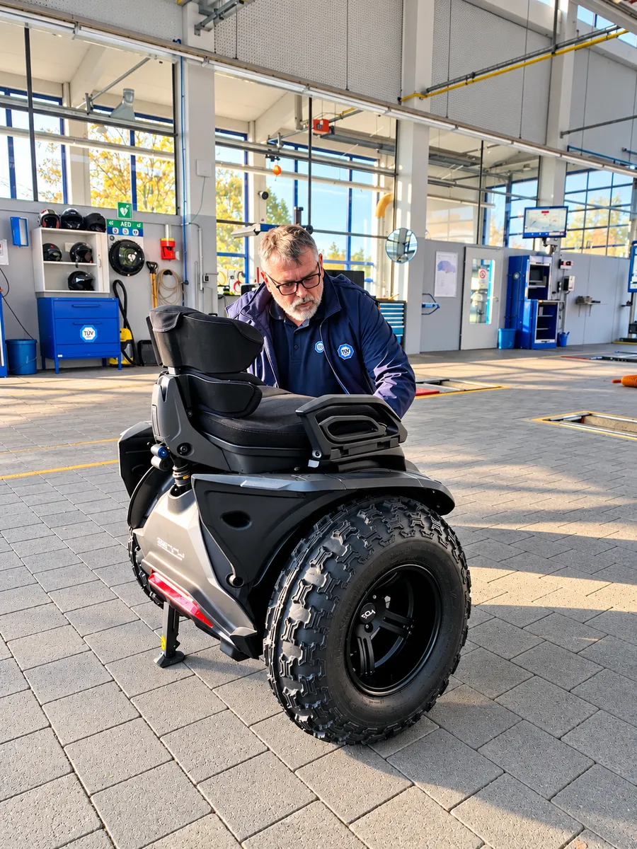 Mann in blauer Jacke begutachtet in der Prüfhalle das breite Offroad-Rad der Genny Zero XR mit Kotflügel