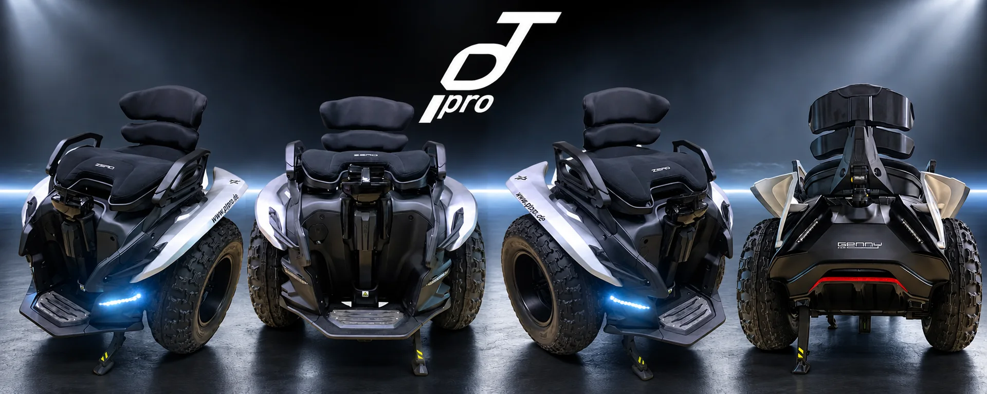 Genny Zero XR in Silber mit breiter Offroad-Bereifung in vier Ansichten: von vorn, frontal, von der Seite und von hinten