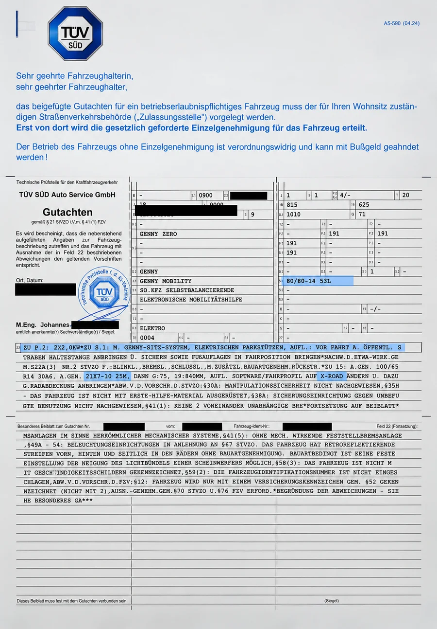 Auszug aus dem TÜV-SÜD-Gutachten mit den markierten Reifengrößen 80/80-14 53L und 21x7-10 25M sowie dem Fahrprofil X-ROAD, persönliche Daten geschwärzt