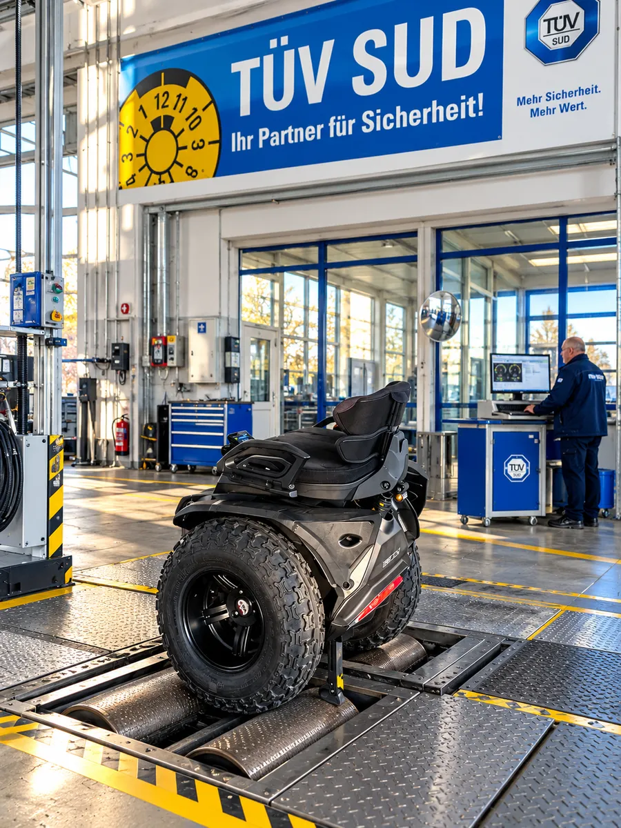 Genny Zero XR mit breiten Offroad-Reifen auf dem Rollenprüfstand in der Prüfhalle von TÜV SÜD in Amberg