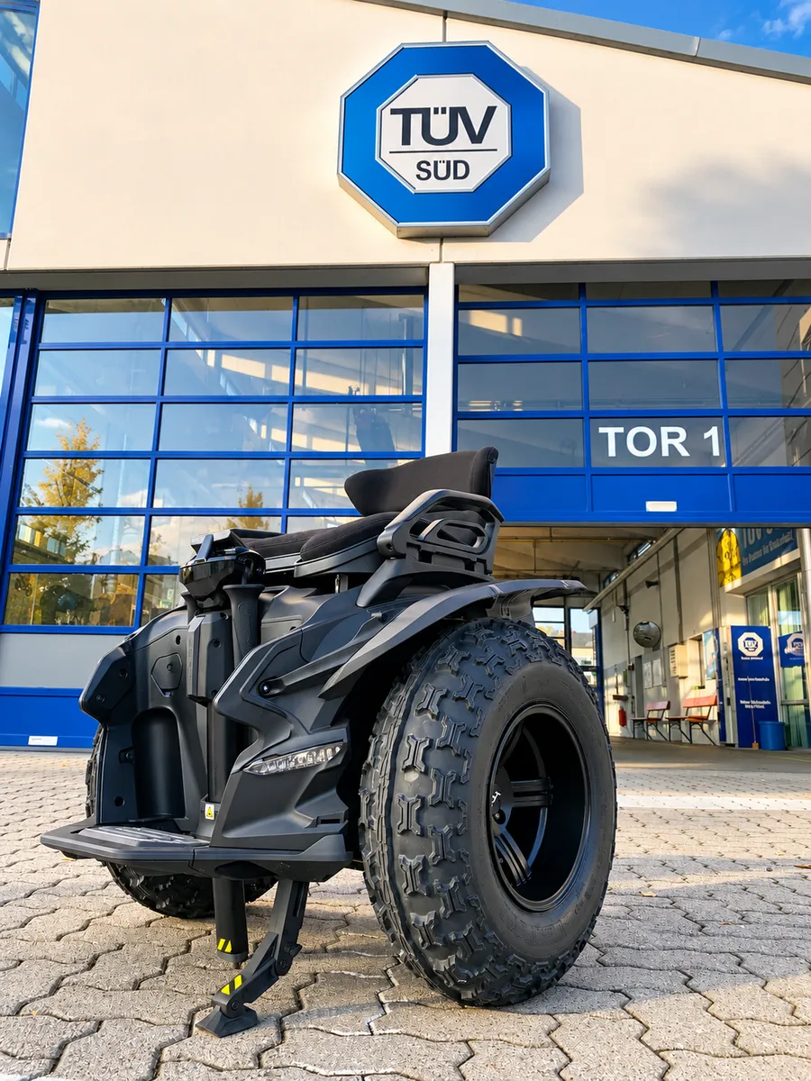 Genny Zero XR mit breiten Offroad-Reifen vor dem Tor der TÜV-SÜD-Prüfstelle in Amberg