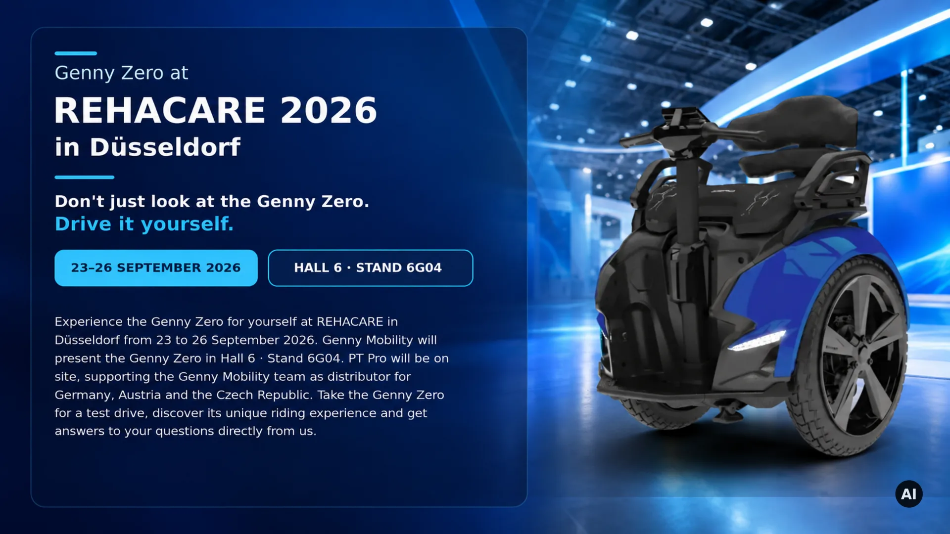 Genny Zero balance wheelchair during a test ride at REHACARE 2026
