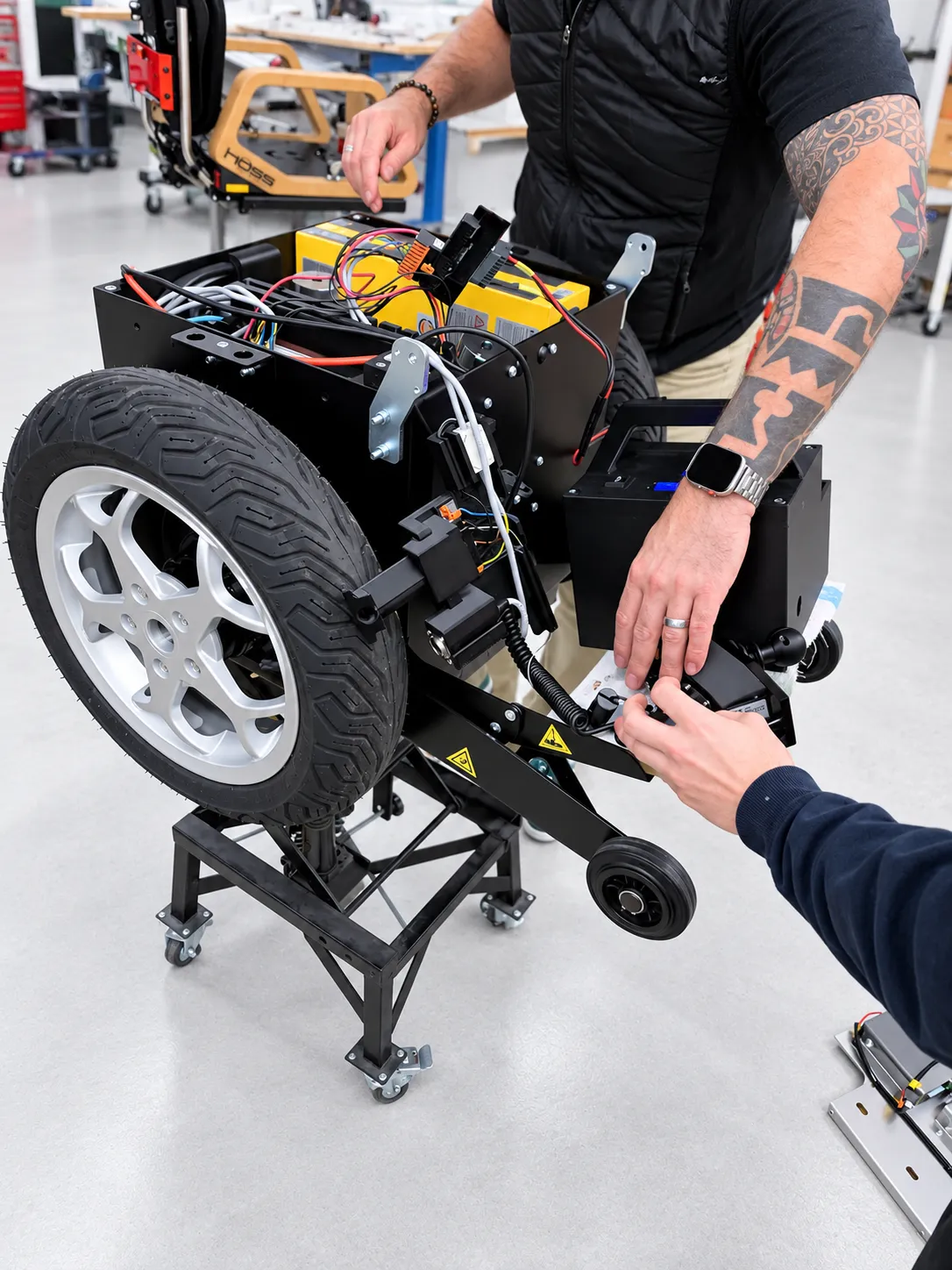 Einblick in elektrische Baugruppen und Verkabelung der Hoss-R1-Fahrzeugbasis bei PT Pro in Amberg