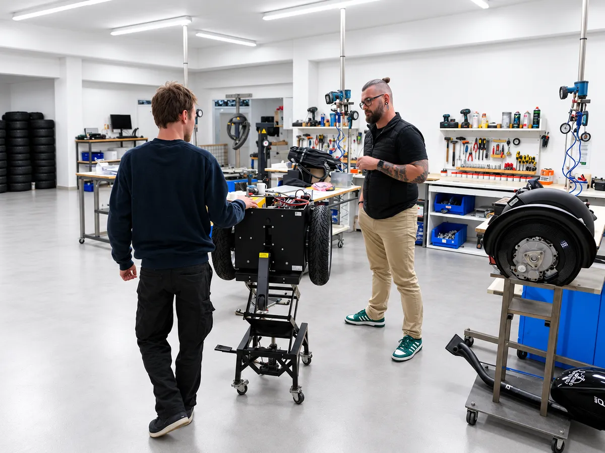 Praktische Besprechung am Hoss-R1-Fahrwerk in der Werkstatt von PT Pro in Amberg